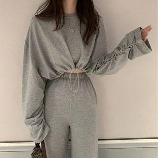 Drawstring Long-sleeve T-shirt / High Waist Wide-leg Pants