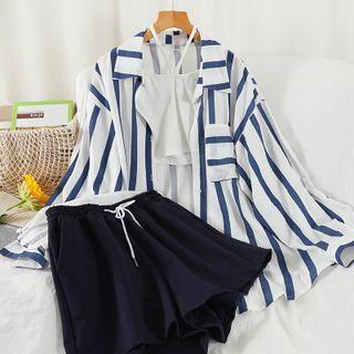 Set: Striped Shirt + Cropped Camisole Top + Shorts Set Of 3 - Shirt & Camisole Top & Shorts - Stripe - Blue & White & Dark Blue - One Size