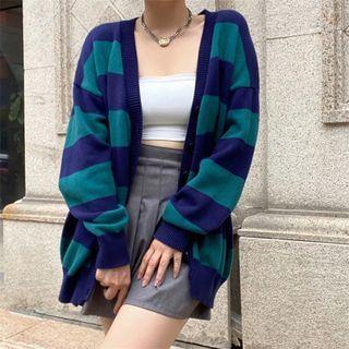 V-neck Striped Cardigan Green - One Size