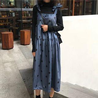 Mock Turtleneck Long-sleeve Top / Dotted Midi Pinafore Dress