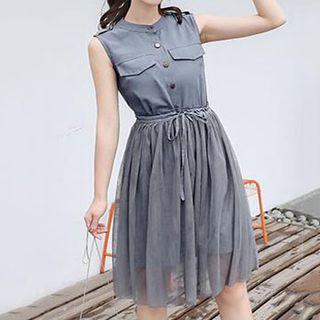 Set: Sleeveless A-line Mini Dress + A-line Sheer Skirt