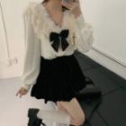 Lace Trim Bow Accent Ruffle Blouse / Mini A-line Skirt