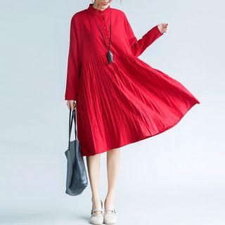 Band Collar Long-sleeve Shirtdress