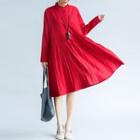 Band Collar Long-sleeve Shirtdress
