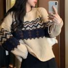 Striped Color Block Pattern Sweater Almond - One Size