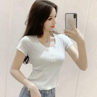 Henley Short-sleeve Rib Knit Top