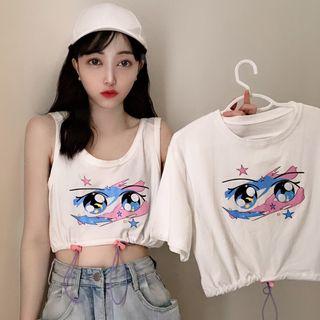 Drawstring Cartoon Eye Printed T-shirt