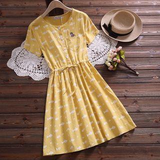 Fish Print Short-sleeve Midi A-line Dress