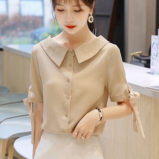 Tie-cuff Short-sleeve Chiffon Blouse