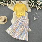 Set: Elbow-sleeve Top + Print Midi A-line Skirt