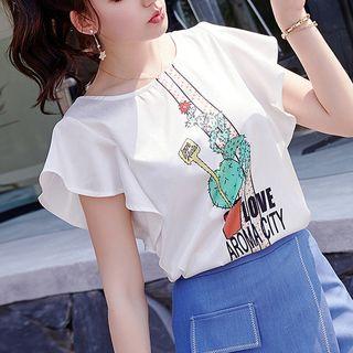 Cap-sleeve Print T-shirt