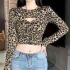 Long-sleeve Leopard Print Cut-out Crop Top