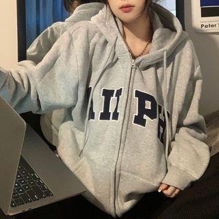 Long-sleeve Letter Embroidered Hooded Zip Jacket