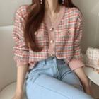 V-neck Gingham Single-breasted Knitted Cardigan