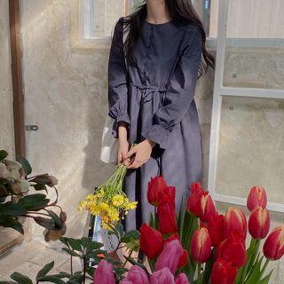 Shirtwaist Midi Dress With Sash Navy Blue - One Size