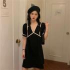 V Collar Short-sleeve A-line Dress Black - One Size