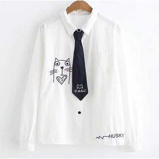Long-sleeve Cat Embroidered Shirt With Tie