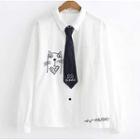 Long-sleeve Cat Embroidered Shirt With Tie