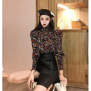 Floral Print Mock-turtleneck Blouse As Shown In Figure - One Size