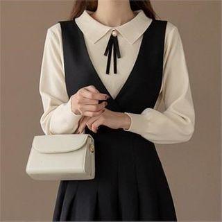 Collared Knit Top With Brooch