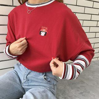 Cartoon Embroidered Mock-two Loose-fit Top