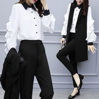 Set: Ruffle Trim Color Block Blouse + Single Button Vest