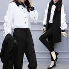 Set: Ruffle Trim Color Block Blouse + Single Button Vest