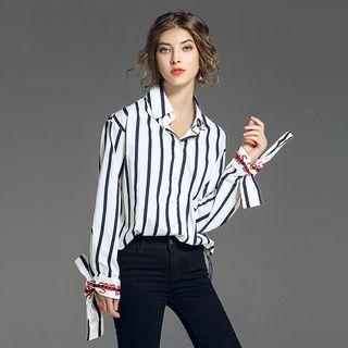 Embroidery Cuff Striped Blouse