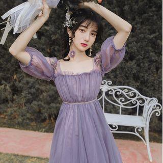 Puff-sleeve Lace Maxi A-line Dress