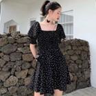 Dotted Puff-sleeve Mini A-line Dress Dot - Black - One Size