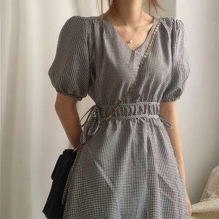 Puff-sleeve Gingham A-line Midi Dress