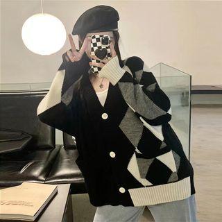 V-neck Argyle Cardigan Black & White & Gray - One Size