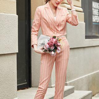 Set: Striped Dress Pants + Double Breasted Cropped Blazer