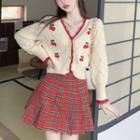 Cherry Embroidered Cardigan / Plaid A-line Skirt