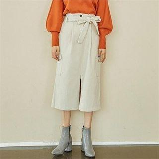 Slit-front Corduroy Skirt With Belt