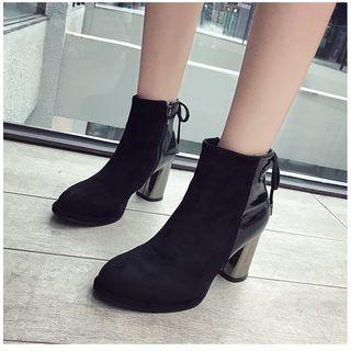 Paneled Faux Suede Block Heel Ankle Boots