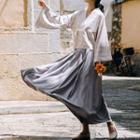 Long-sleeve Patterned Hanfu / Pleated A-line Midi Skirt