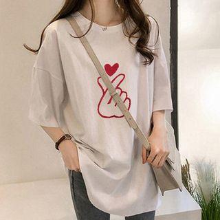 Print Elbow-sleeve Long T-shirt 3369 - White - Xxl