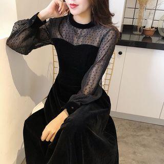 See-through Mesh Velvet Long-sleeve Dress