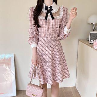 Lace-yoke Flared Plaid Dress With Brooch