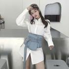 Set: Plain Shirt Dress + Denim Waist Belt White - One Size