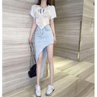 Mock Two-piece Short-sleeve T-shirt / Asymmetric Denim Skirt