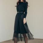 Set: Asymmetric Long-sleeve Top + Mesh Midi Skirt