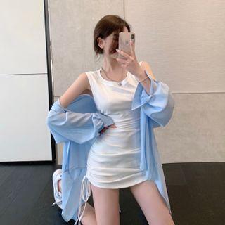 Long-sleeve Plain Loose-fit Shirt / Sleeveless Plain Slim-fit Dress