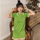 Contrast Trim Collared Short-sleeve Knit Dress