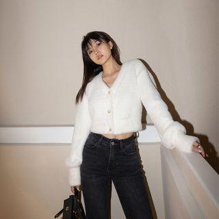 V-neck Plain Single Breasted Long-sleeve Cardigan