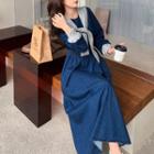 Set: Long-sleeve Contrast Trim Denim Midi A-line Dress + Shawl