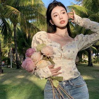 Floral Cropped Blouse White - One Size