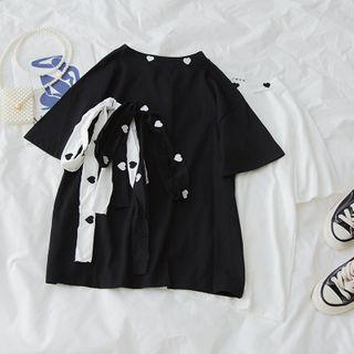Short-sleeve Heart Print Bow-accent T-shirt