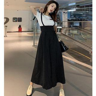 Short-sleeve T-shirt / Striped Wide Leg Suspender Pants